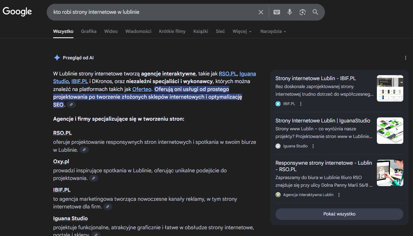 Wyniki wyszukiwania Google AI
