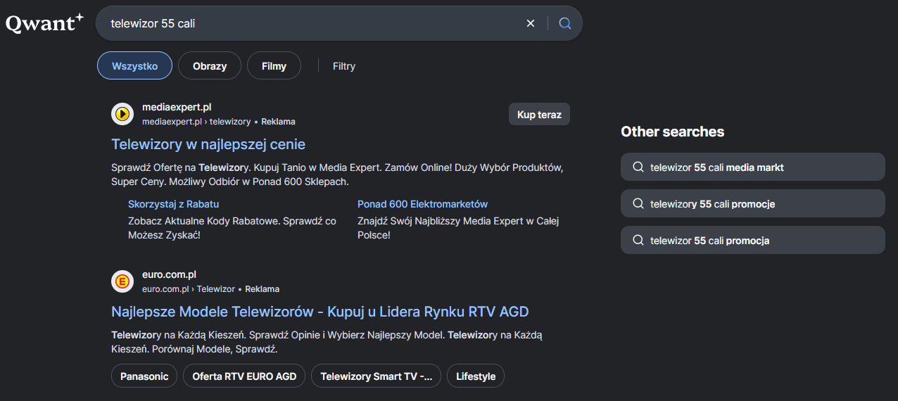 Wyniki wyszukiwarki Qwant